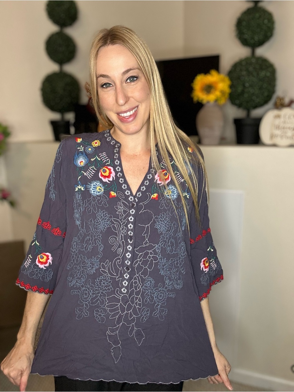 New Amazon Embroidered Floral Peasant Tunic - Charcoal with Multicolor Accents